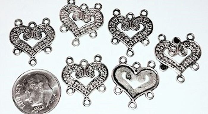 Antiqued Silver Pewter Open Heart Connector Links with 6 Loops, 18x14mm, 6 pcs