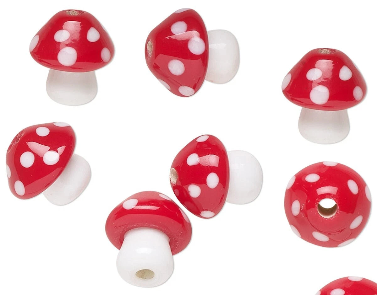 Lampwork Glass Mushroom Toadstool Beads, White & Red, 8 pcs