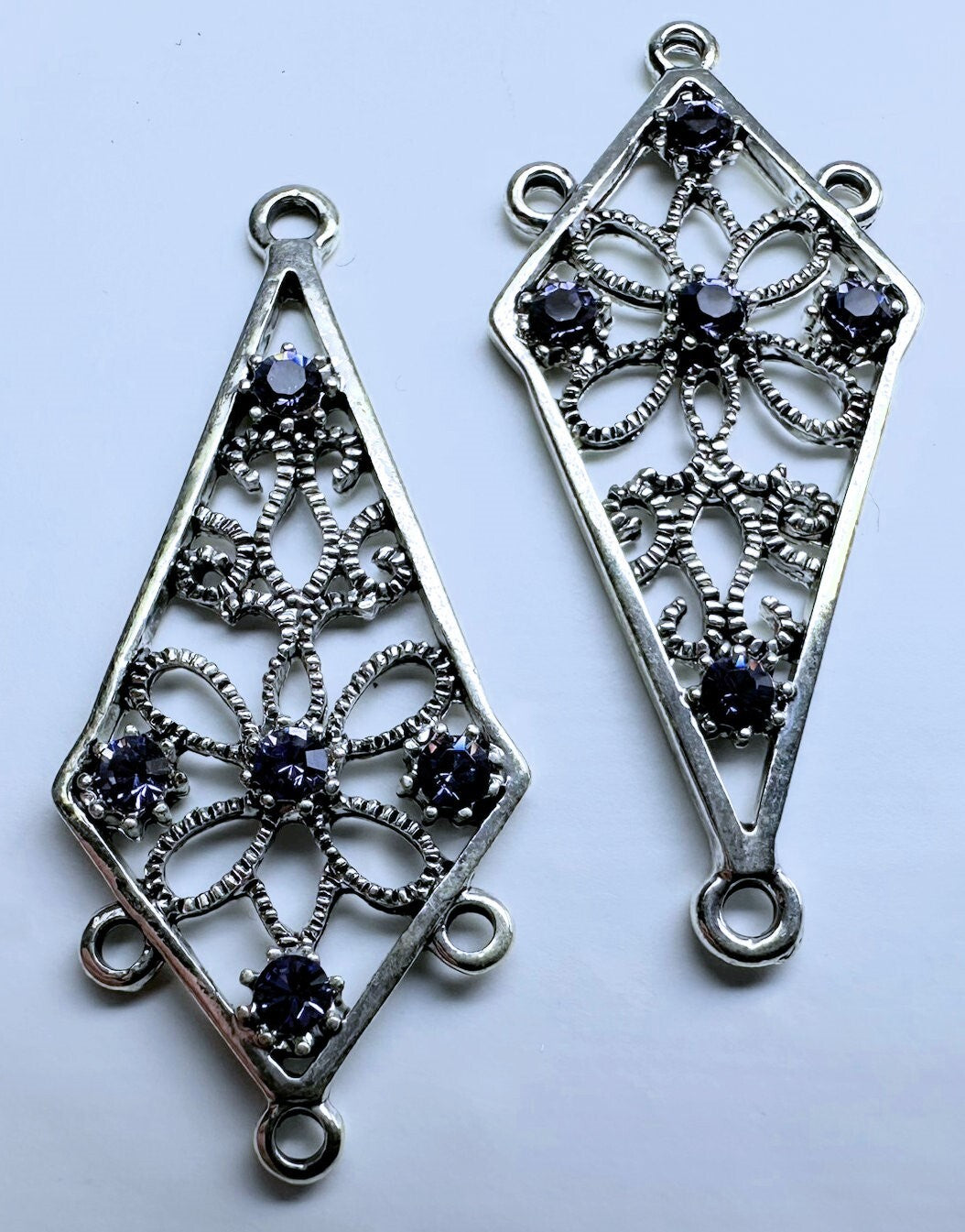 Antiqued Silver Pewter Kite Earring Components with Swarovski Tanzanite Crystal, 34x18mm, 2 pcs