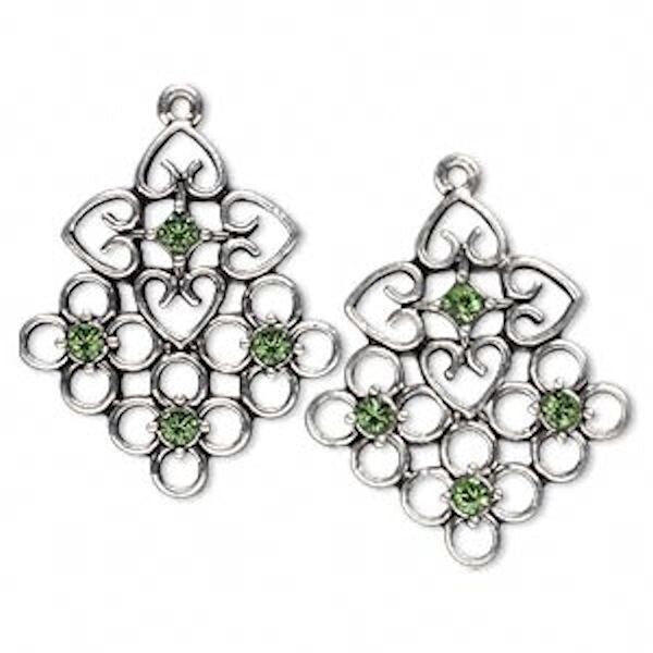 Antiqued Silver Pewter Chandelier with Swarovski Peridot Crystals, 29x25mm, 2 pcs