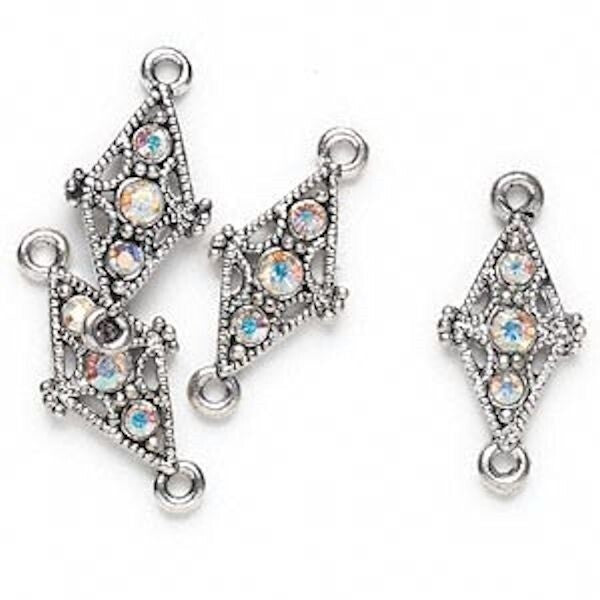 Antiqued Silver Pewter Diamond Links with AB Swarovski Crystals, 19x12mm, 4 pcs
