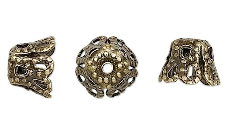 Antiqued Brass Pewter Lacy Cone Bead Caps, 6x5mm, 24 pcs