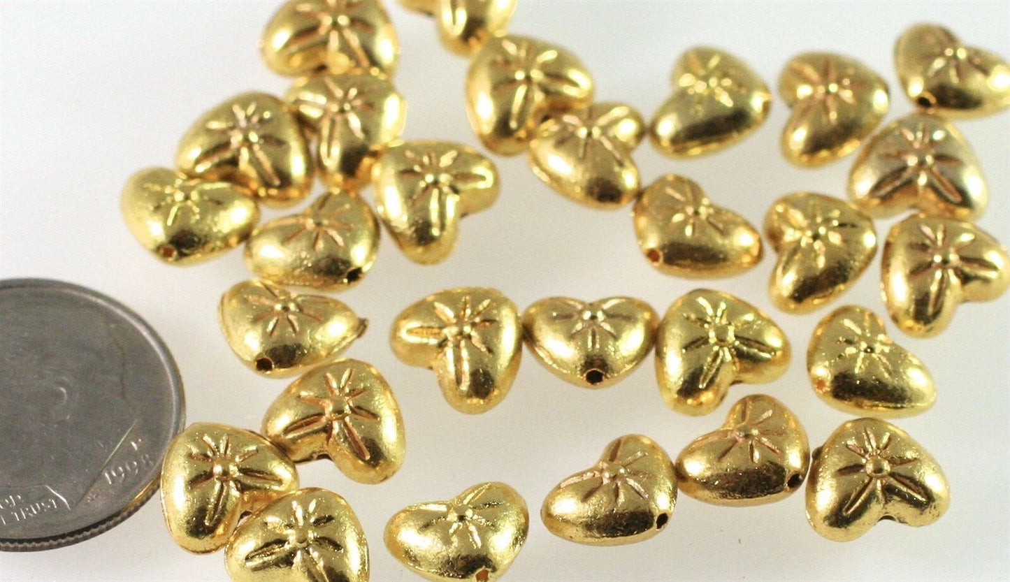 Gold Plated Pewter Double-Sided Heart with Flower Beads, 8x6mm, 50 pcs
