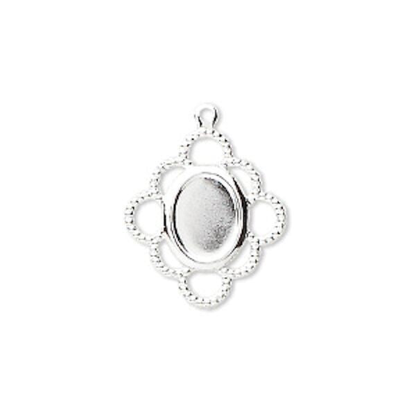 Silver Plated Brass Drop with 8x6mm Oval Cabochon Setting, 19x17mm, 1-1.2mm Loop