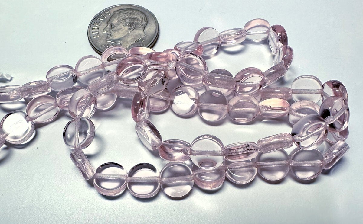 Czech Pressed Glass Light Rose Pink Flat Round Beads, 6.5x3mm, 1 Strand (approx. 60)