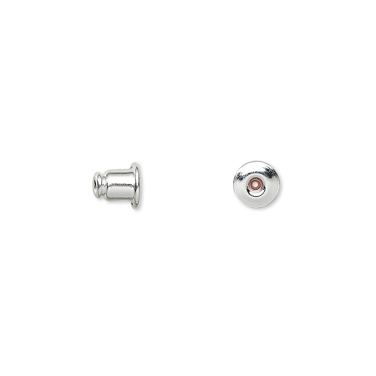 Two small silver metal jewelry findings on a plain white background: a cylindrical post on the left and a round stud base with a central hole on the right.