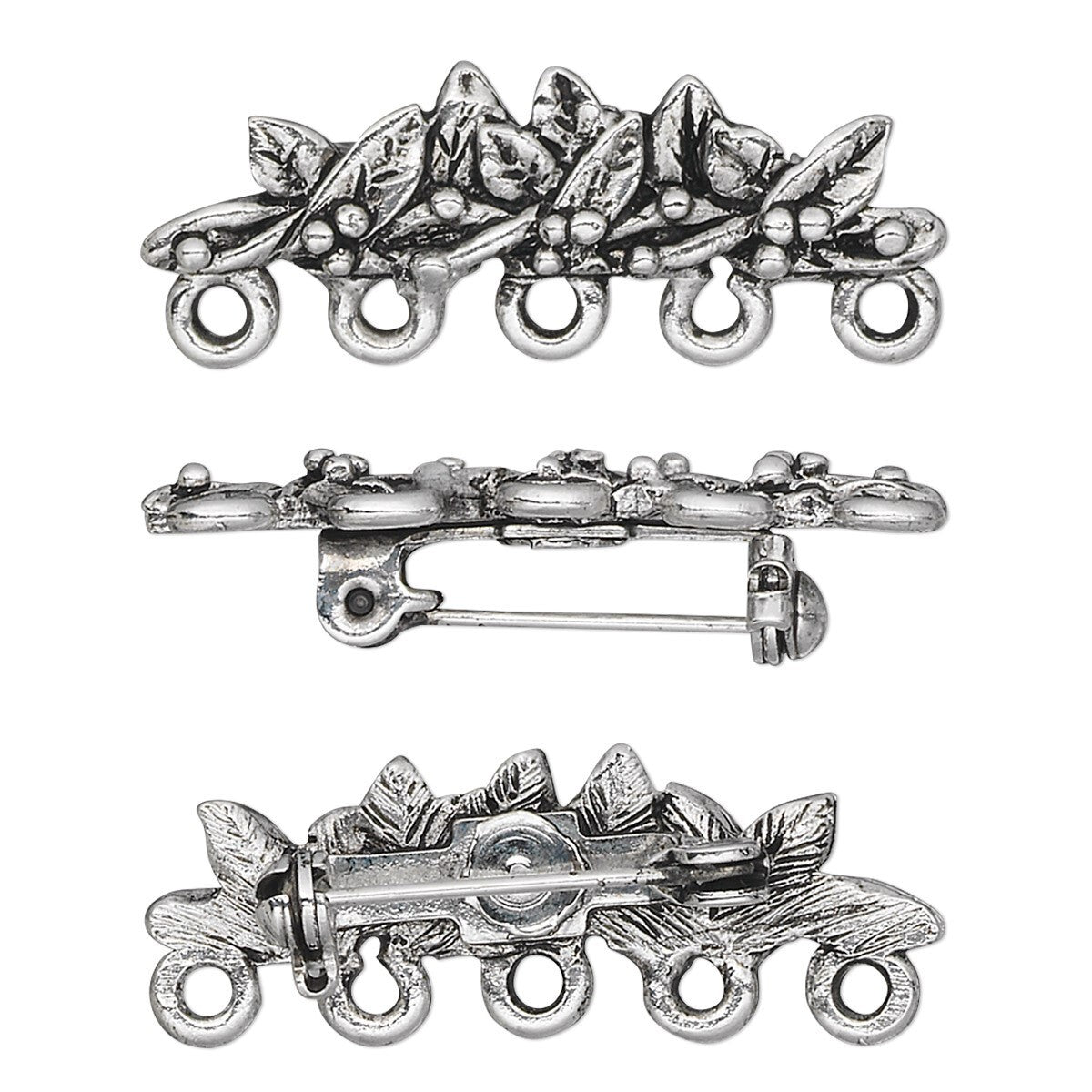 Antiqued Silver Plated Pewter Leaf Kilt Pin Brooch 33x12.5mm with 5 Loops