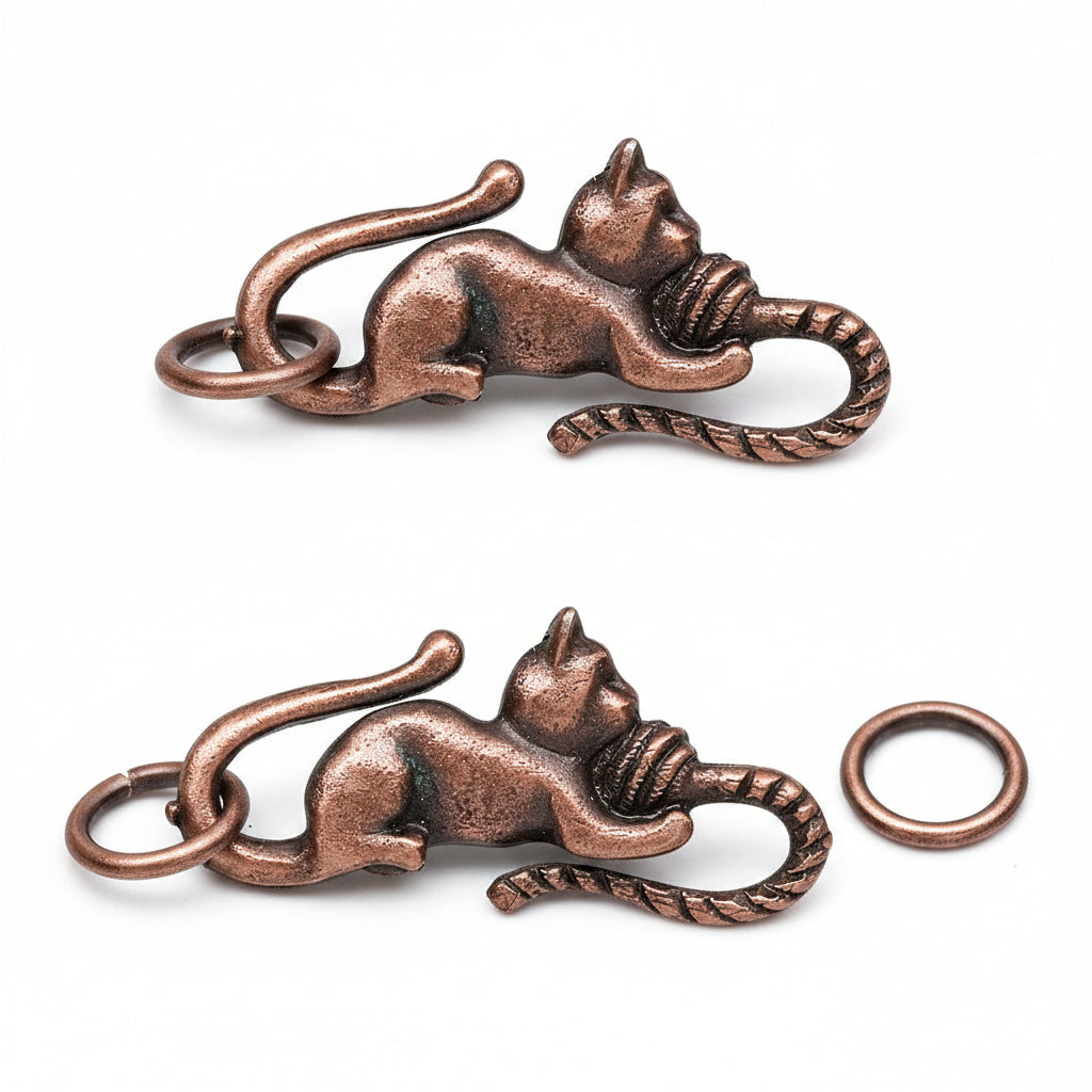 Antiqued Copper Plated Pewter Cat Design Hook & Eye Clasps 29x13mm — 2 Sets