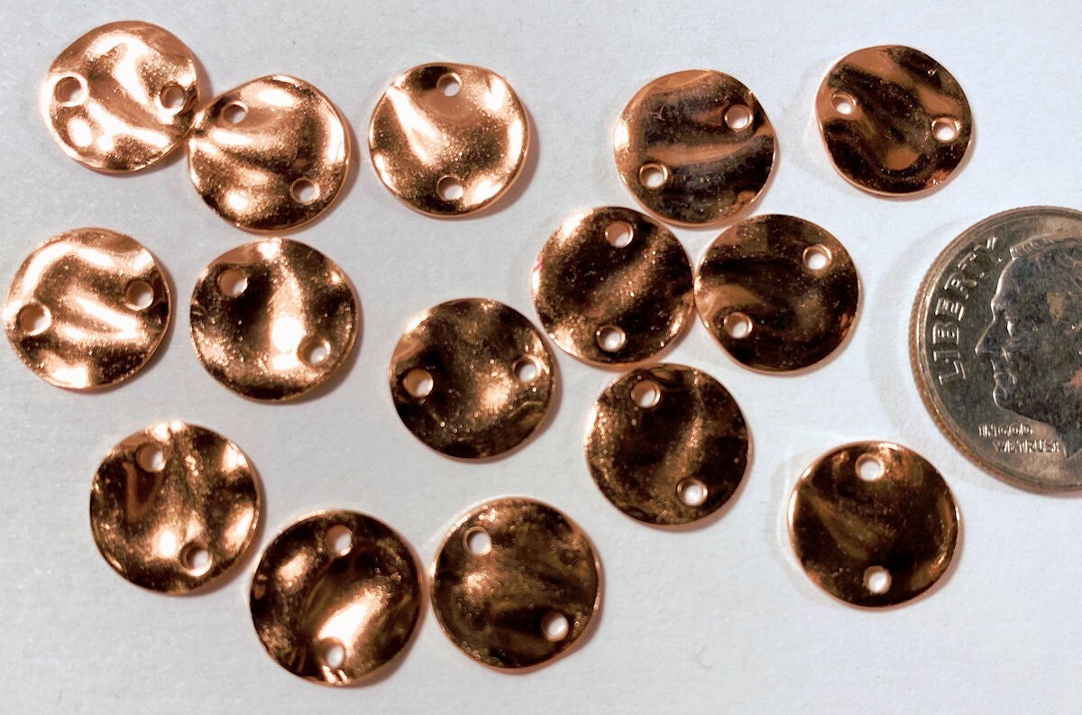 Copper Plated Hammered Round Disc 2-Hole Connectors, 10mm, 12 pcs