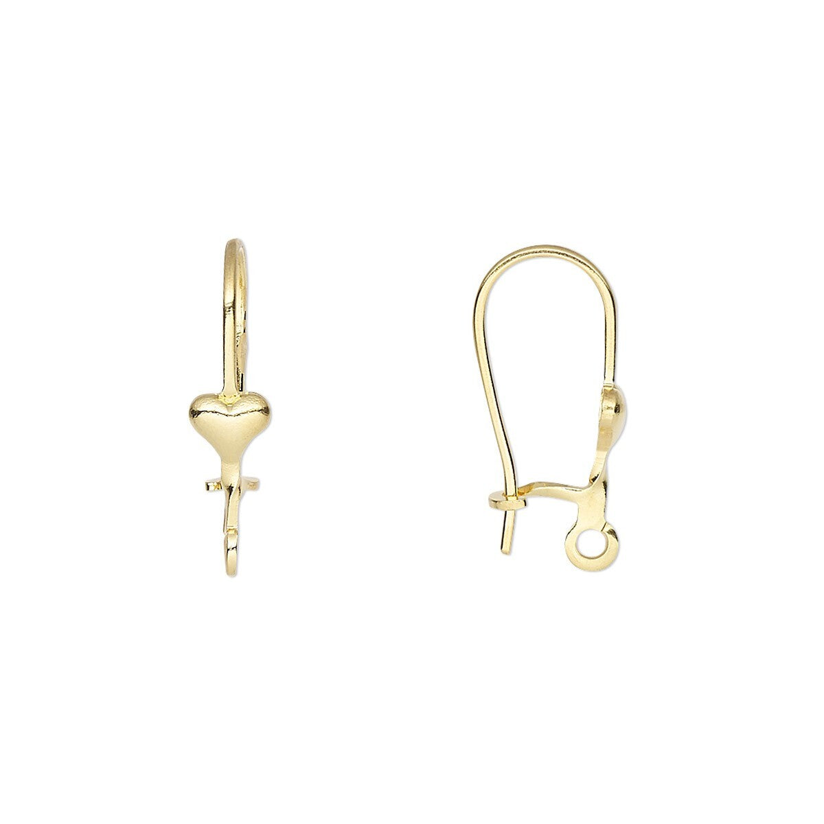 A pair of gold fishhook ear wires with a small heart charm on one side and a side-view of the hook on the other, set against a plain white background.