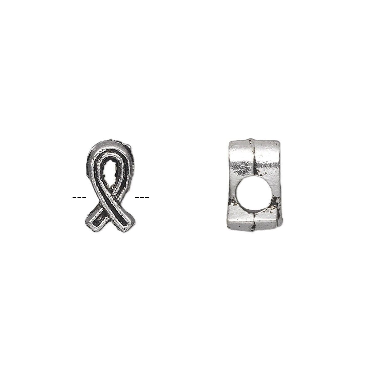 Antiqued Silver Pewter Awareness Ribbon Beads, 11x6mm, 4mm Hole, 20 pcs