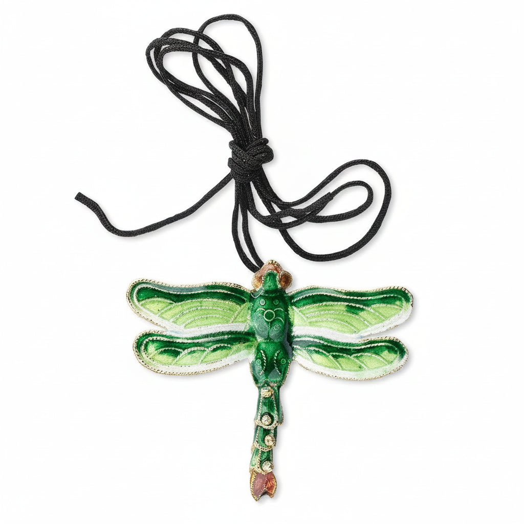 Cloisonné Copper Green Dragonfly Pendant, Articulating Tail, 52x47mm — on Black Cord