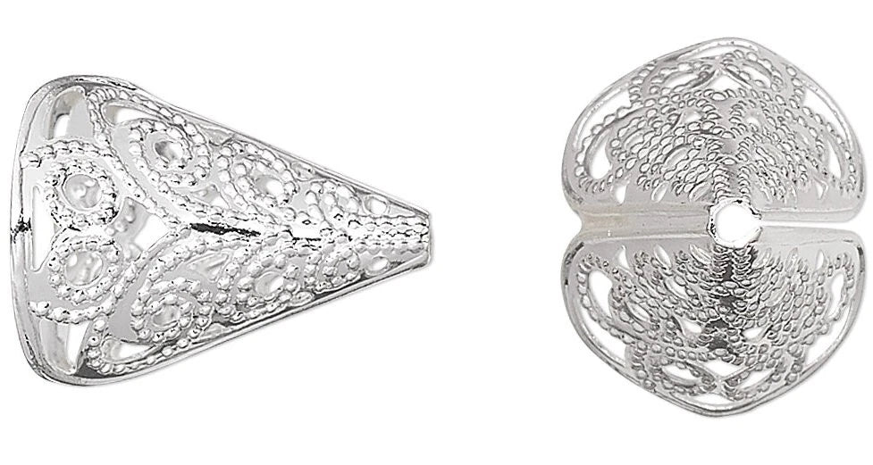 Silver Plated Brass Filigree Cone Bead Caps, 12x16mm, 10 pcs