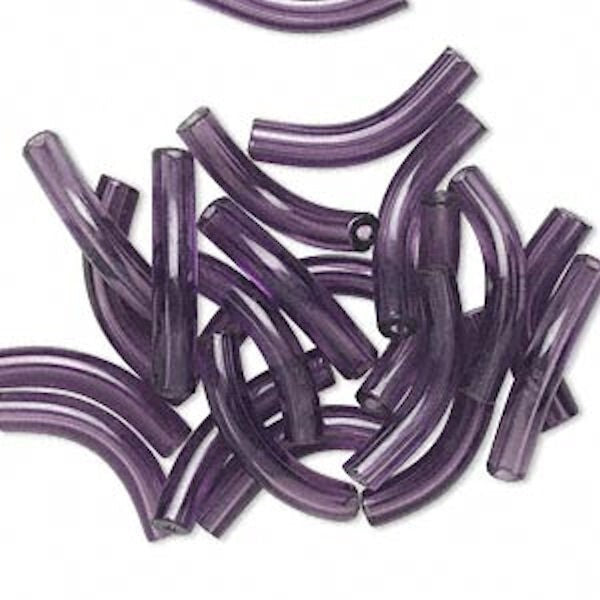Czech Glass 28x5mm Curved Tube Beads, Transparent Purple, 20 pcs