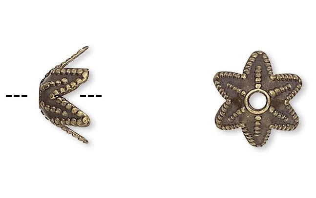 Antiqued Gold Plated Brass 6-Pointed Star Bead Caps, 7x4mm, 100 pcs