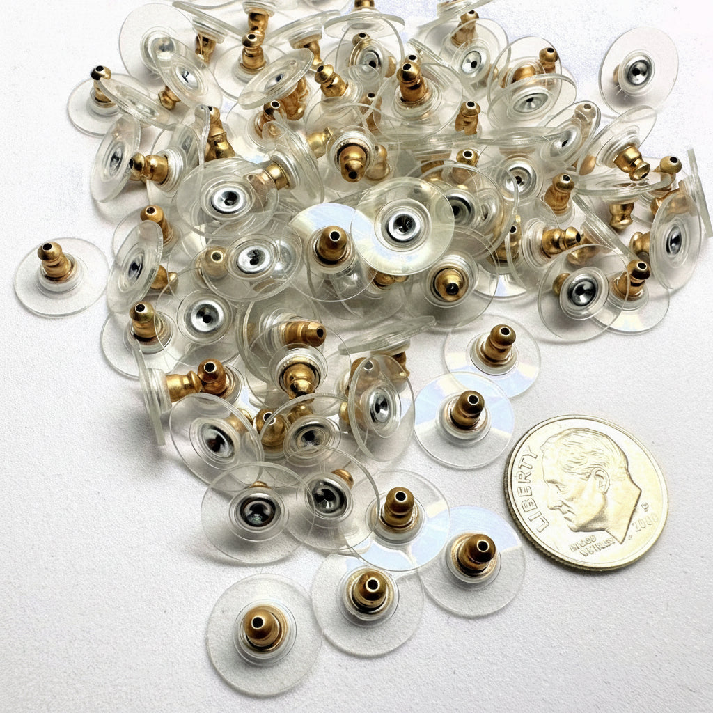 Goldtone Comfort Clutch Earring Backs with Clear 10mm Pad, 100 pcs