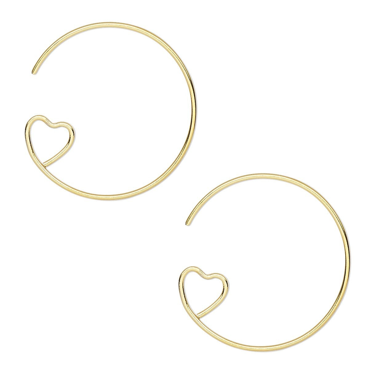 A pair of gold-toned open hoop earrings, each featuring a small heart-shaped cutout near the lower left curve, displayed on a clean white background.