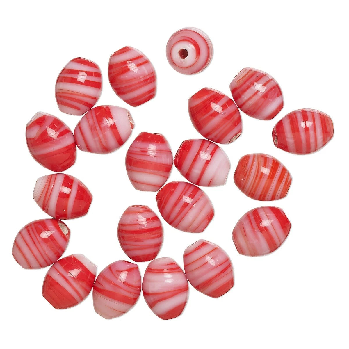 Red and PINK striped beads on a white background