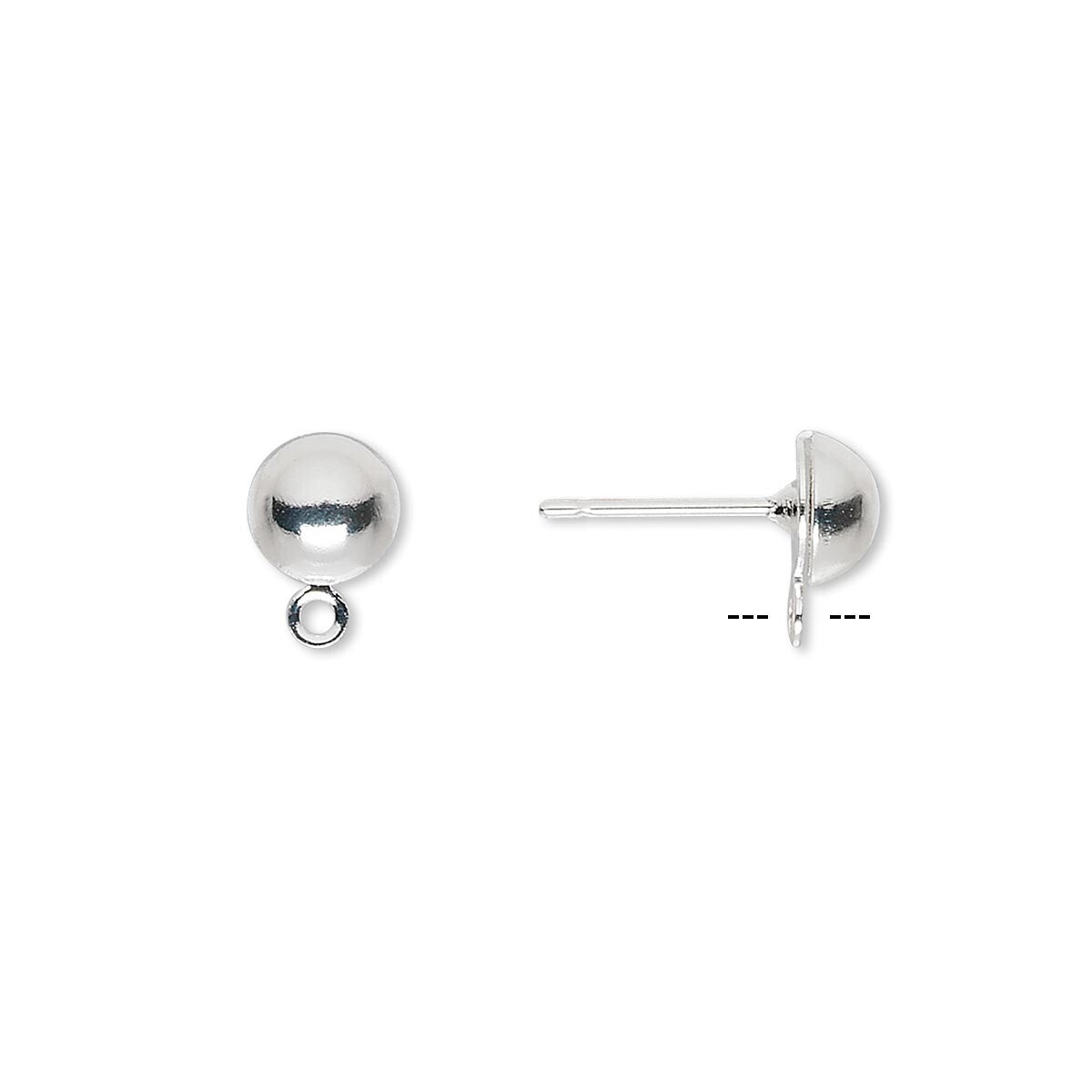 A pair of polished silver ball stud earrings shown on a plain white background, with one earring facing forward to display the round ball and loop, and the other shown in side profile.