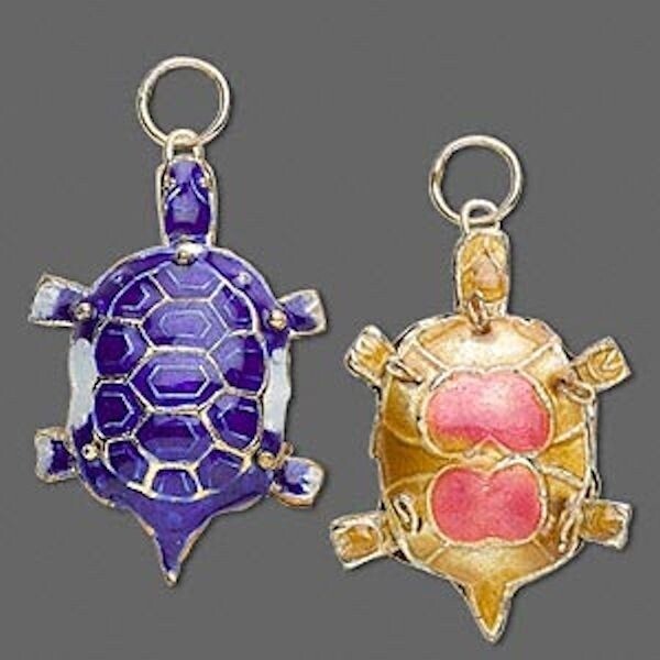 Dark Blue Cloisonné Turtle Charms 24x33mm, 2 pcs