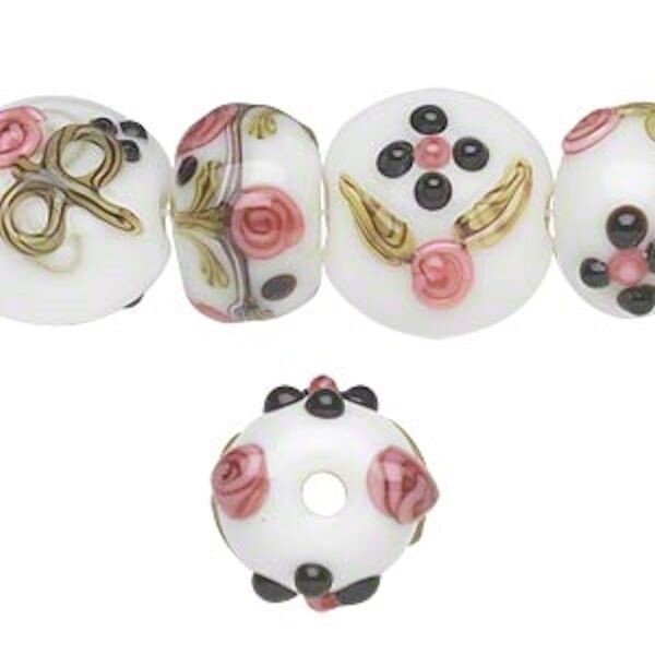 16 Lampwork Glass White Pink Black Bumpy Rondelle Bead Mix *