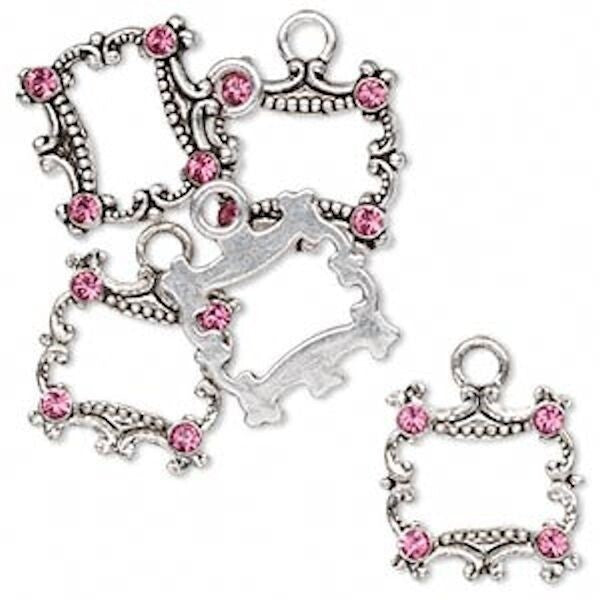 Antiqued Silver Pewter Open Square Drops with Swarovski Rose Crystals, 19x16mm, 5 pcs