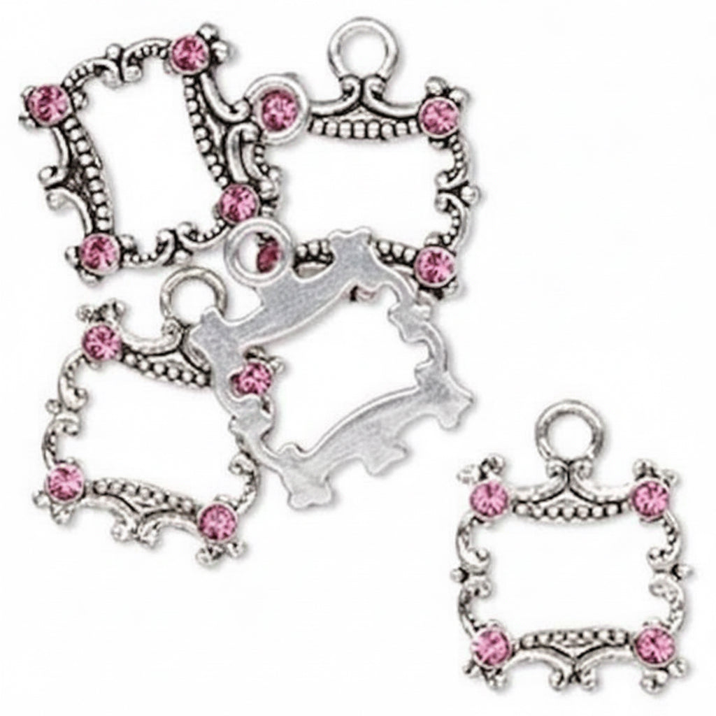 Antiqued Silver Pewter Open Square Drops with Swarovski Rose Crystals, 19x16mm, 5 pcs