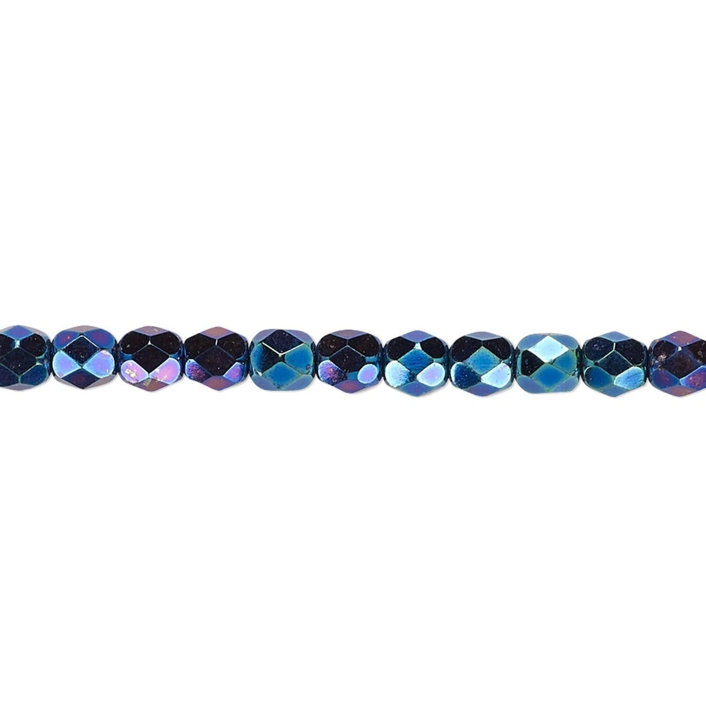 A single strand of faceted round beads with an iridescent blue, purple, and black finish, shown against a plain white background.