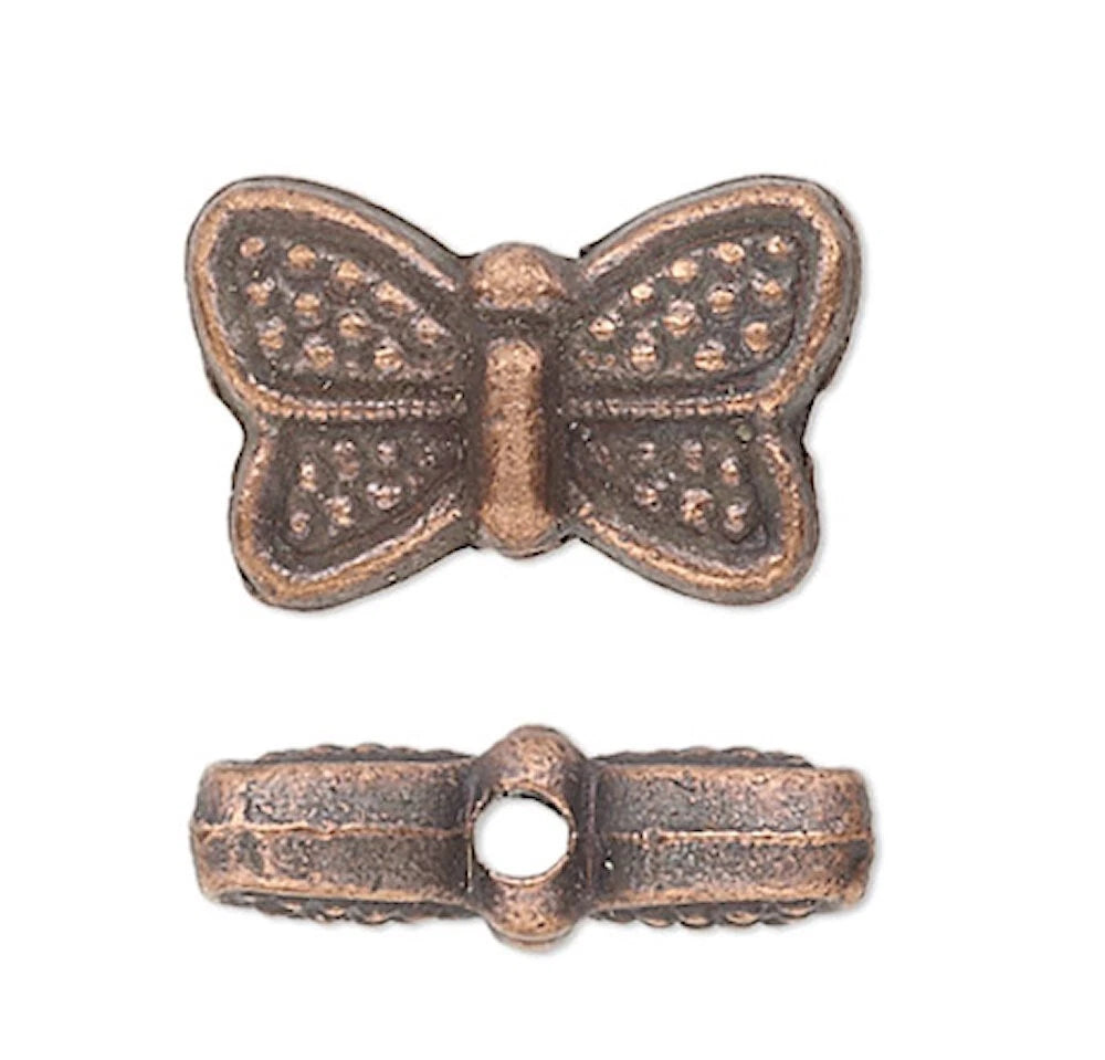 Antiqued Copper Plated Pewter Double-Sided Butterfly Beads, 10x6mm, 50 pcs