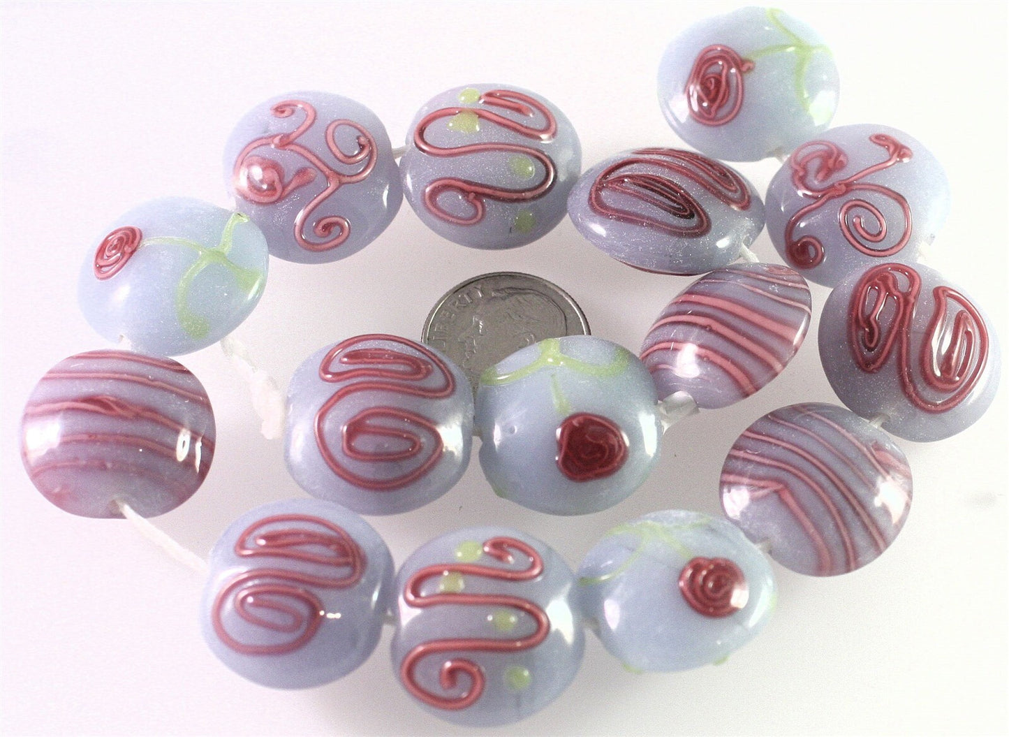 Lampwork Glass Gray & Pink 20x10mm Puffy Coin Beads, 10 pcs