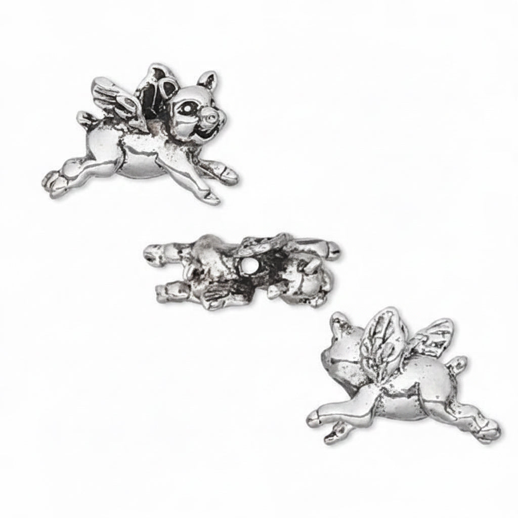 Antiqued Silver Plated Pewter 3D Flying Pig Beads 17x12mm — 2 pcs
