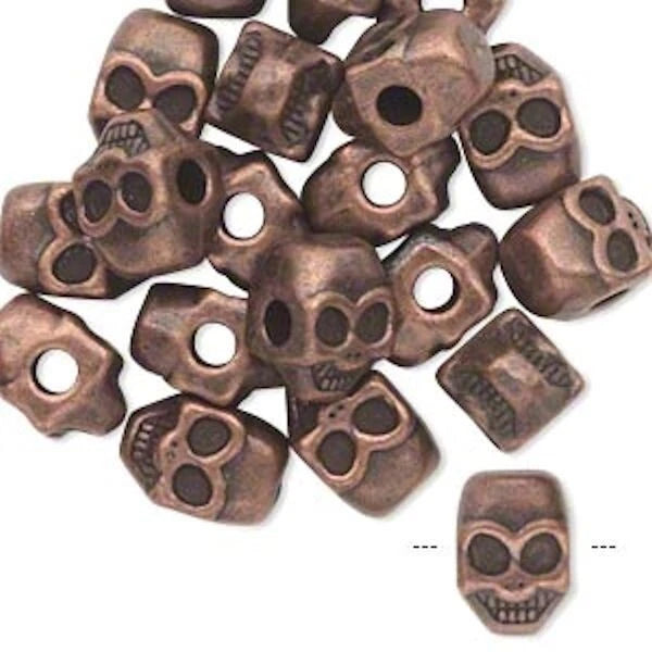 Antiqued Copper Plated Pewter 11x8mm Double Sided Skull Beads, 20 pcs