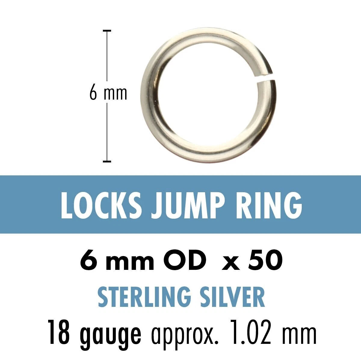 Sterling Silver Round Jumplock Jump Rings, 6mm, 18 Gauge (50)