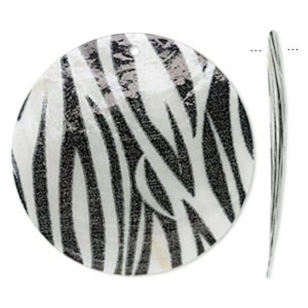 Capiz Shell Black & White Zebra Round Drop Charms, 50mm, 2 pcs