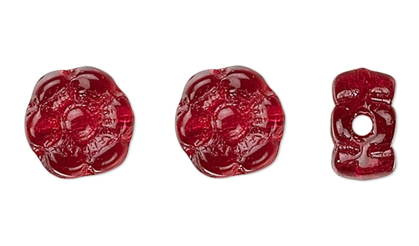 Czech Pressed Glass Transparent Ruby Red Flower Beads, 7x4mm, 1 Strand (approx. 63)