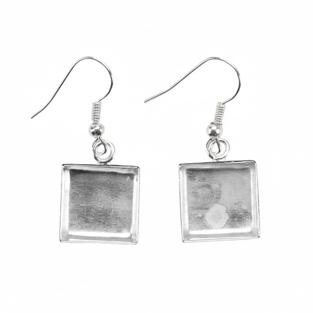 Silver Plated 15x15mm Square Dangle Earring Mounts with Fishhook Ear Wires, 1 Pair