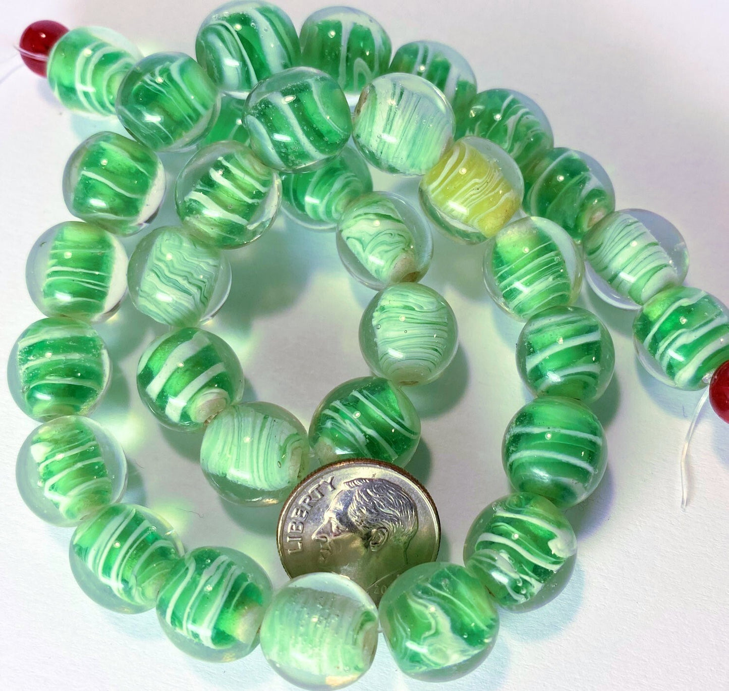 Green Swirl Lampwork Glass Round Beads, 1 Strand (approx. 34-36)