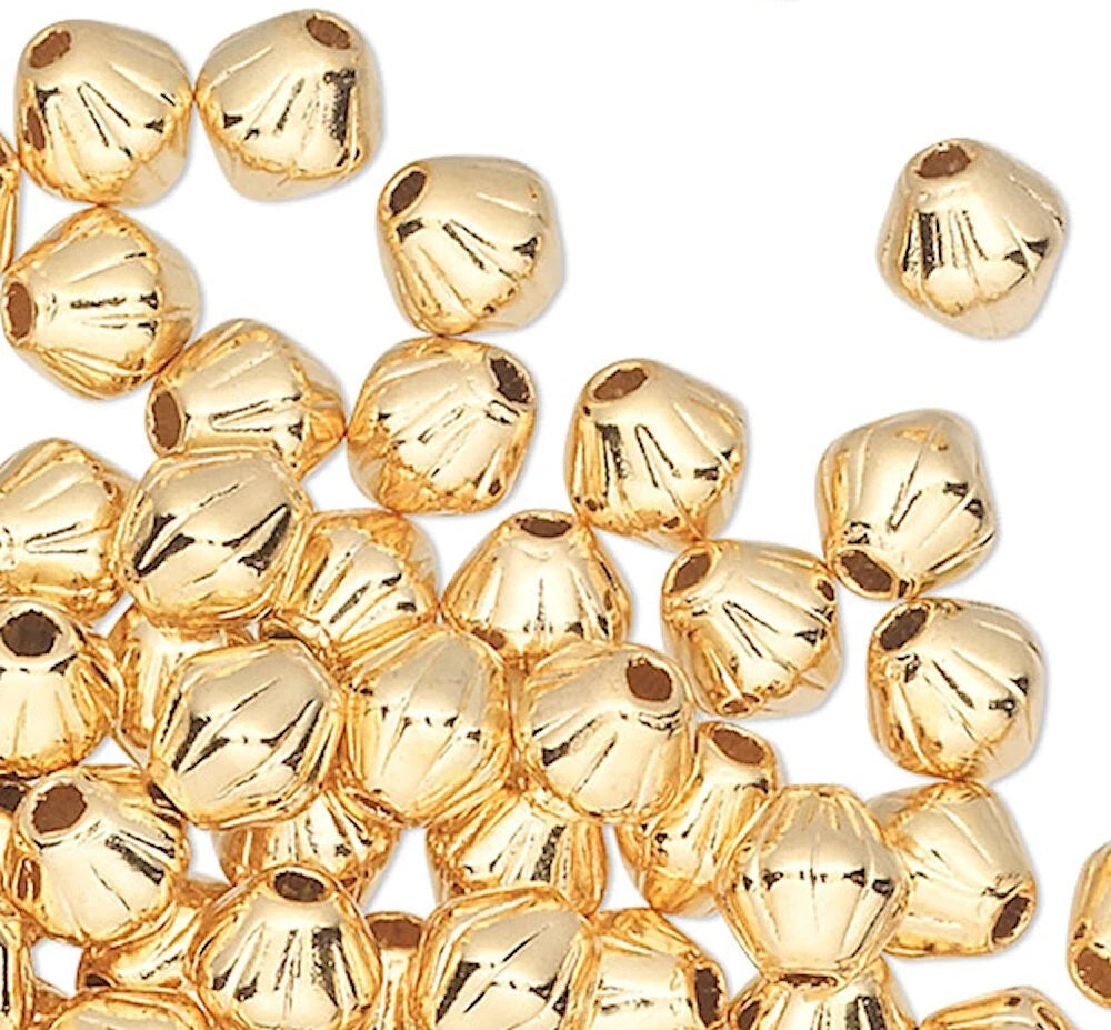 Gold Plated Brass Corrugated Double Cone Beads, 4x4mm, 100 pcs
