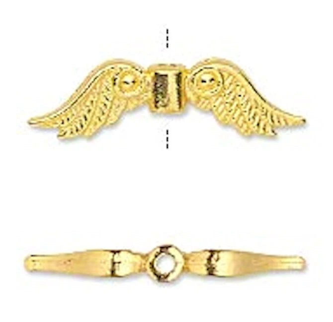 Gold-Plated Pewter Double-Sided Angel Wing Beads, 23x6mm, 20 pcs