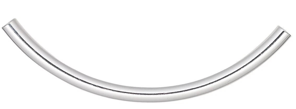 Silver Plated Brass Curved Tube Noodle Beads, 50x3mm, 100 pcs