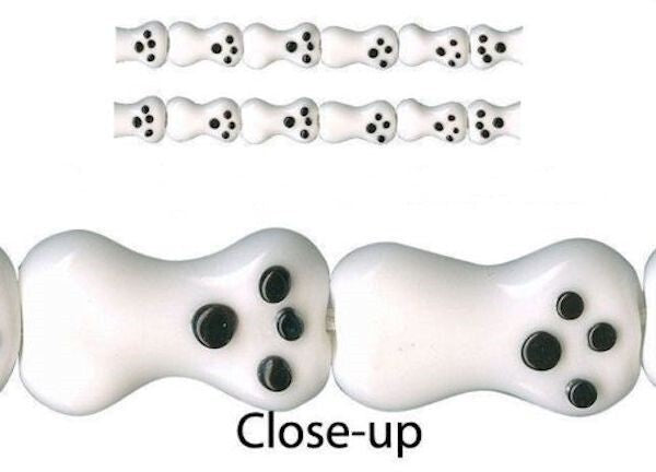 Lampwork Glass Dog Bone Paw Print Beads White & Black 12x20x6mm (22 pc)