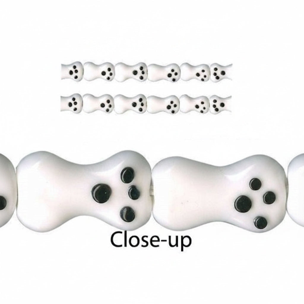 Lampwork Glass Dog Bone Paw Print Beads, White & Black 12x20x6mm — 22 pcs