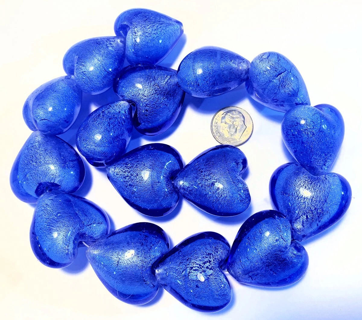 Lampwork Glass Blue Silver Foil Puffed Heart Beads, 27-29mm, 6 pcs
