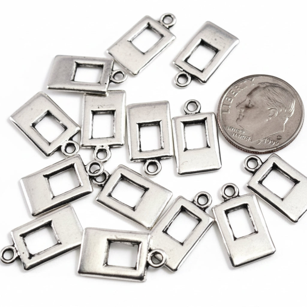Antiqued Silver Pewter Open Rectangle Charm Drops, 13x9mm, 17 pcs