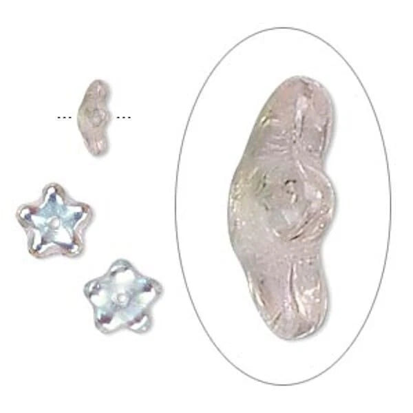 Czech Pressed Glass Light Rose AB Flower Bead Caps, 8x3mm, 50 pcs