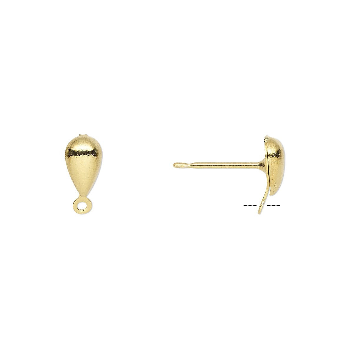 Gold teardrop stud earring shown from two angles: front view with a hanging loop on the left, and side profile showing the post on the right, on a plain white background.