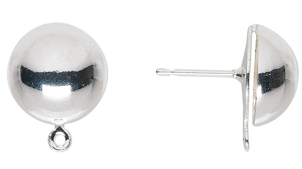 Silver Plated Steel Half Ball Earring Posts 12mm with Closed Loop