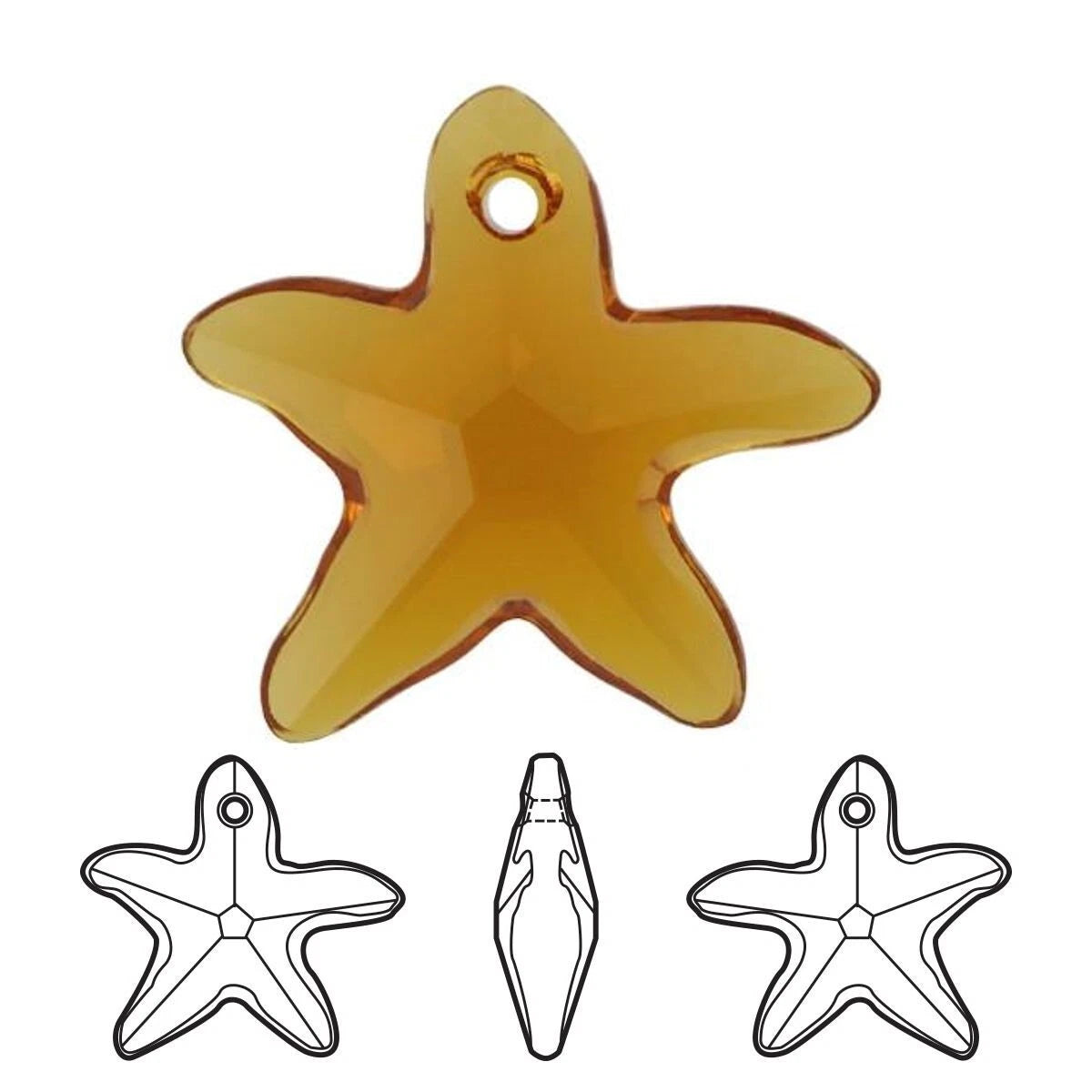 An amber translucent starfish-shaped pendant charm with a hanging loop, shown above three black line-art starfish outline drawings on a white background.
