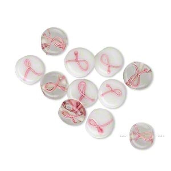 Lampwork Glass Pink Ribbon Breast Cancer Awareness 10mm Flat Coin Beads, 12 pcs