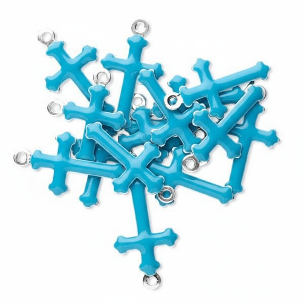 Silver Plated Brass & Turquoise Blue Epoxy Cross Charms 15x9mm – 12 pcs